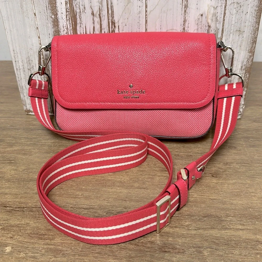 Kate spade nwot Rosie canvas flap crossbody pink white leather shoulder purse - Picture 1 of 14